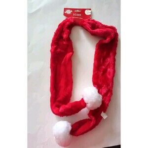 Christmas Plush Scarf  with Jingle Bells Pom Poms Red White 46.5" Long Santa